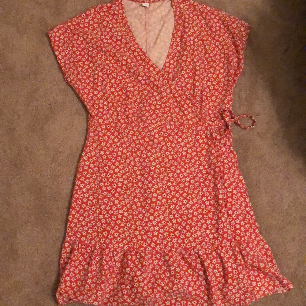 Red floral ruffle wrap dress